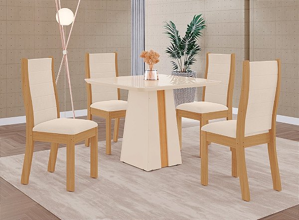 SALA DE JANTAR NAOMI 0.90 + 04 CADEIRAS BEATRIZ OFF WHITE / FREIJO / OFF WHITE / PREMIER