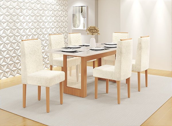 SALA DE JANTAR NATALI 1.60 + 06 CADEIRAS OLIMPIA PES DE MADEIRA FREIJO / OFF WHITE / BOUCLE