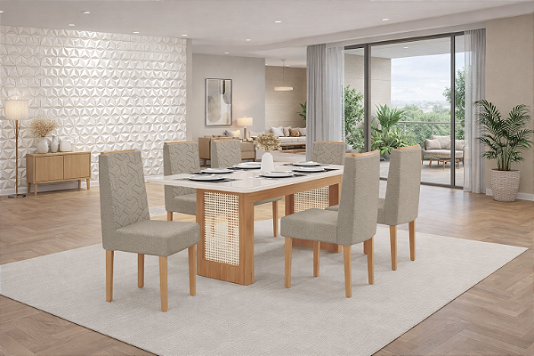 Sala De Jantar Natali 1.60 + 06 Cadeiras Olimpia Pes De Madeira Freijo/Off White/Stanley