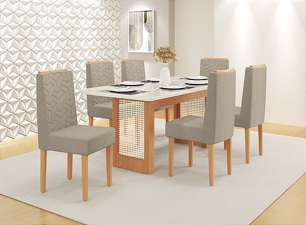 SALA DE JANTAR NATALI 1.60 + 06 CADEIRAS OLIMPIA PES DE MADEIRA FREIJO / OFF WHITE / STANLEY