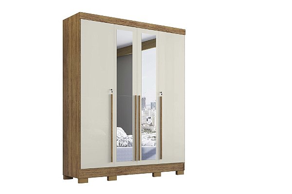 Roupeiro Domus 4 Portas C/espelho - Cedro/Areia