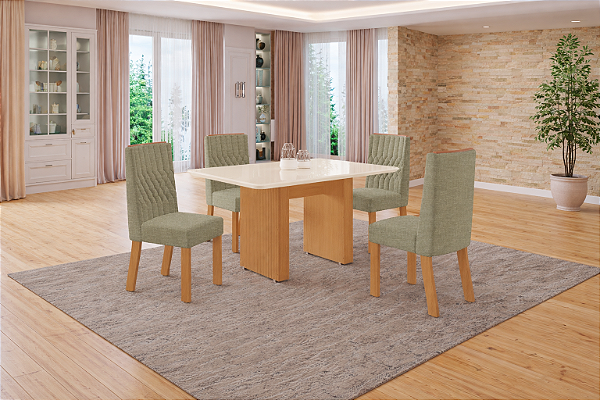 Sala De Jantar Helena 1.20 + 04 Cadeiras Zilu Canelado Freijo / Freijo / Off White / Stanley