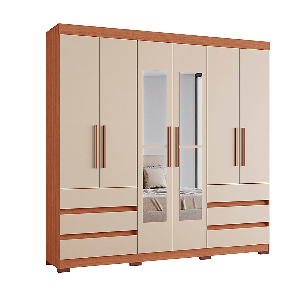 Roupeiro Panamá 06 Portas C/espelho - Freijó/Off White