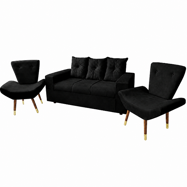 Conjunto Estofado Madri 03 Lugares + 02 Poltronas - Preto