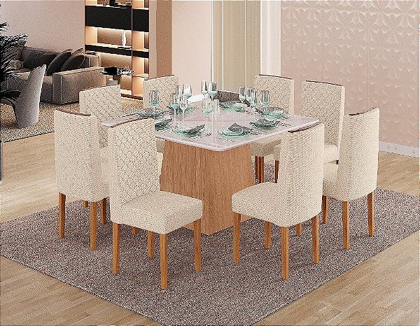 Sala de Jantar Gabi New 1,30 + 08 Cadeiras Ariel Pés de Madeira - Freijó / Off White / Off White / Helmi