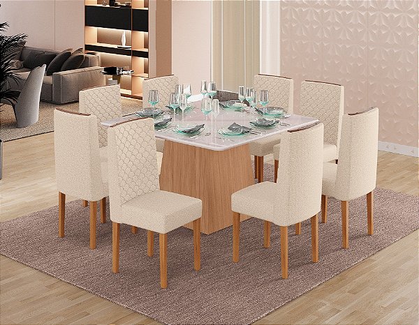 SALA DE JANTAR GABI NEW 1.30 + 08 CADEIRAS ARIEL PÉS DE MADEIRA FREIJO / OFF WHITE / OFF WHITE / HELMI