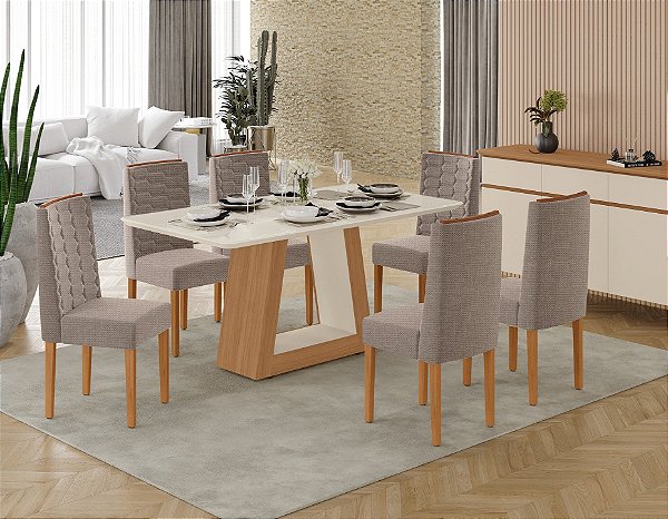 SALA DE JANTAR HELOIZE 1.60 + 06 CADEIRAS CORAL PES DE MADEIRA FREIJO / OFF WHITE / OFF WHITE / STANLEY