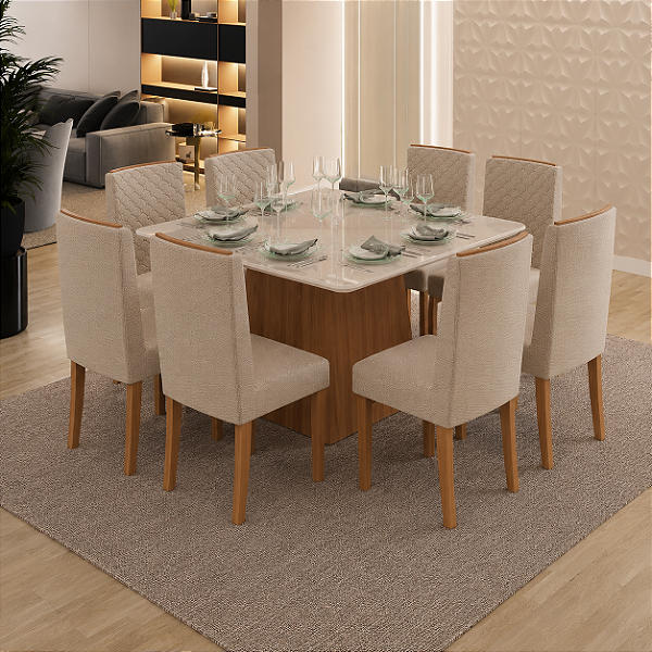 Sala de Jantar Gabi New 1,30 + 08 Cadeiras Ariel Pés de Madeira - Freijó / Off White / Off White / Stanley