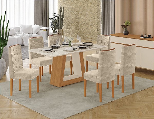 SALA DE JANTAR HELOIZE 1.60 + 06 CADEIRAS CORAL PES DE MADEIRA FREIJO / OFF WHITE / OFF WHITE / HELMI