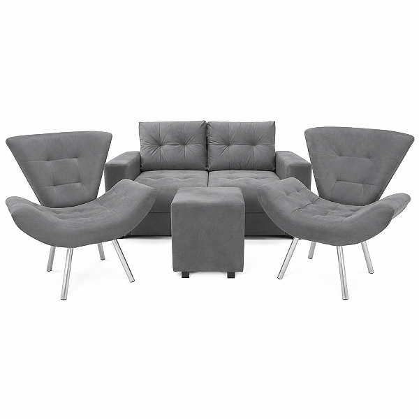 Conjunto Estofado Vitória com 02 Poltronas + Puff - Cinza