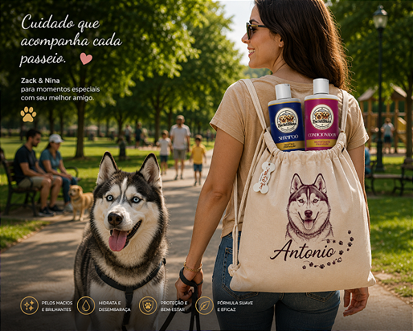 KIT 004 BANHO PREMIUM - ZACK & NINA - SHAMPOO + CONDICIONADOR + MOCHILA PERSONALIZADA