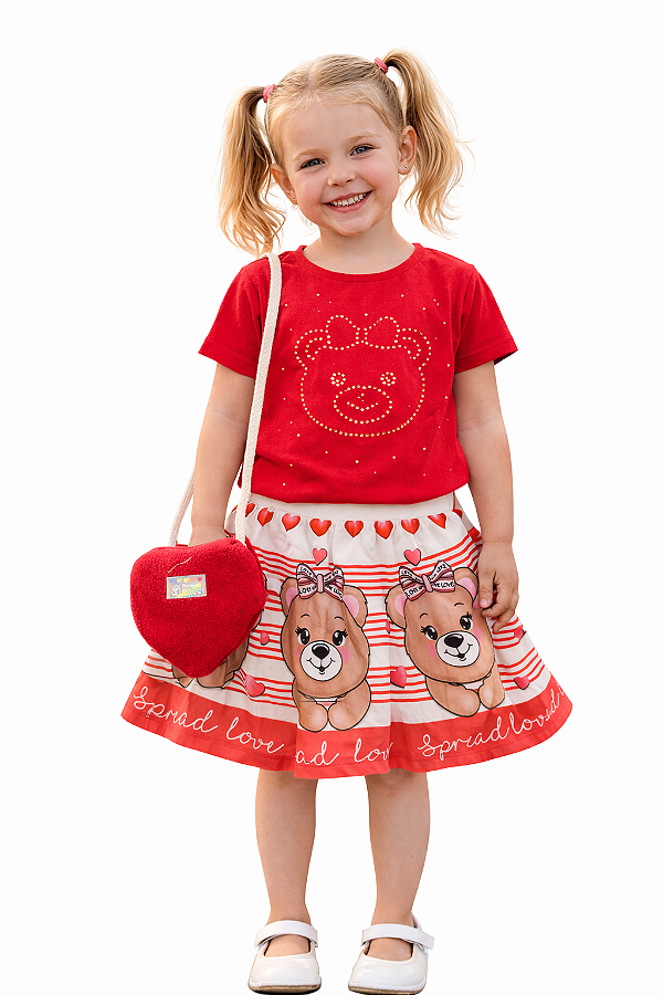 Conjunto Infantil Menina Blusa Vermelha com Ursinho e Saia Estampada Corações