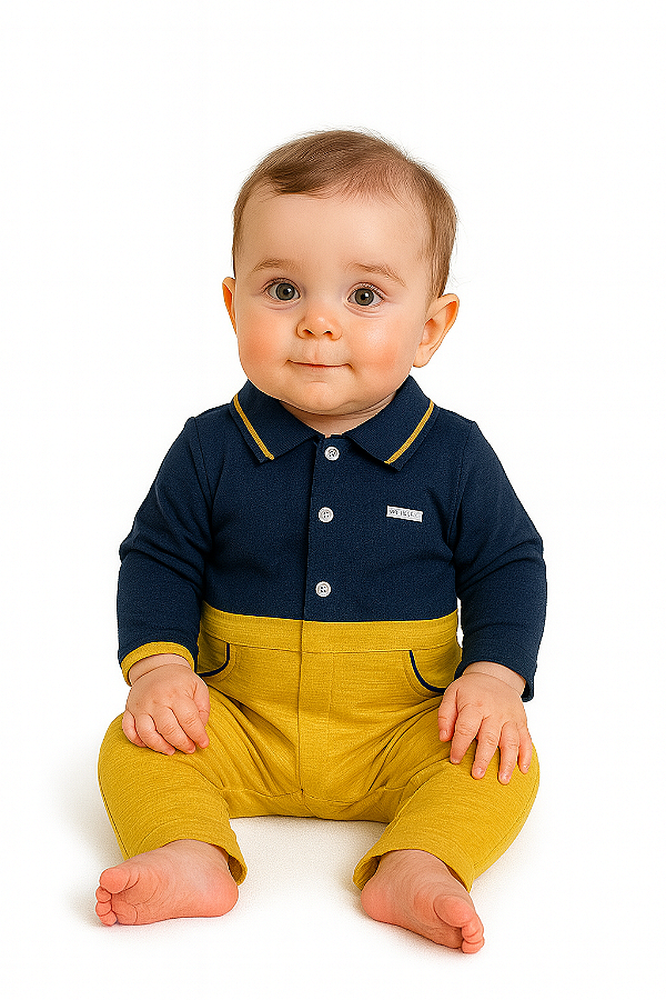 Macacão Infantil Bebe Polo Marinho & Mostarda Elegance