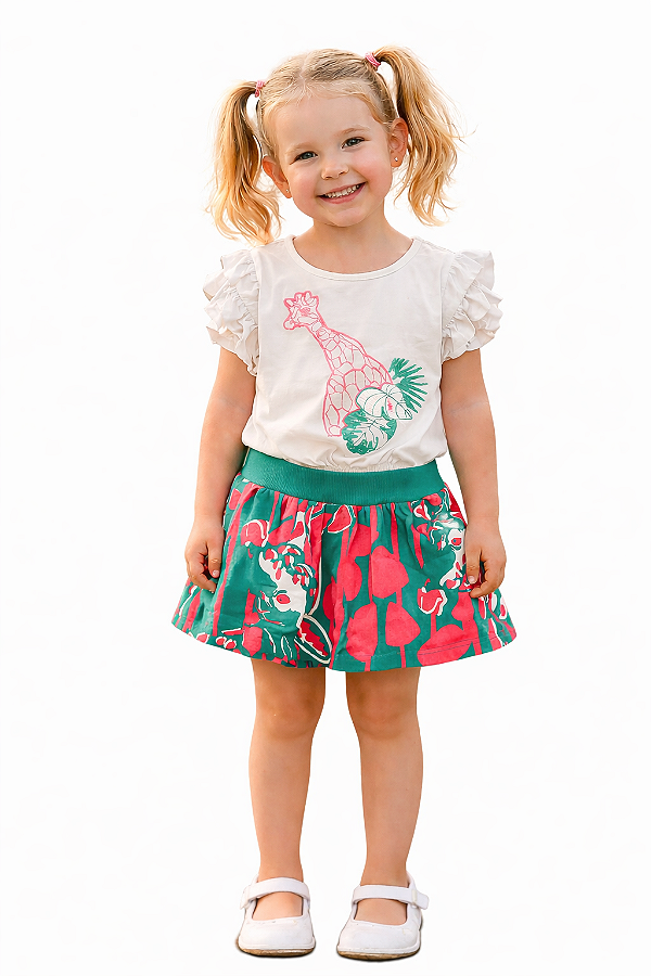 Conjunto Infantil Menina Blusa Branca com Estampa Tropical e Saia Estampada