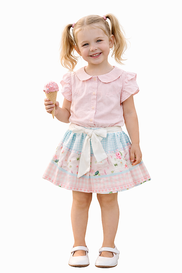 Conjunto Infantil Menina Blusa Rosa com Babados e Saia Floral com Laço