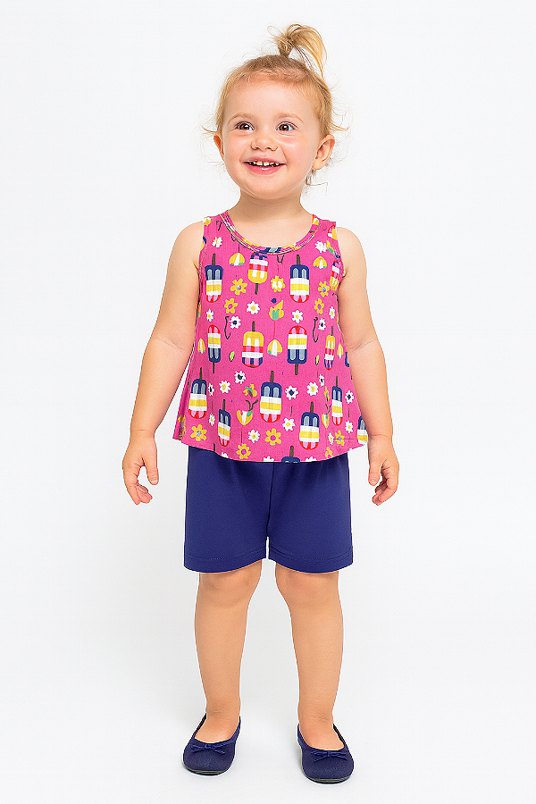 Conjunto Infantil Feminino Regata Sorvetinhos + Shorts Marinho