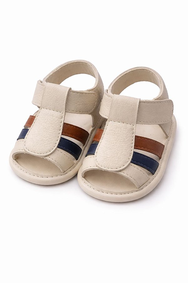 Sandália Infantil Bege com Velcro e Detalhes Coloridos