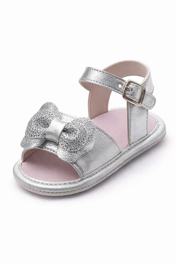 Sandália Infantil Prata Metalizada com Laço Glitter