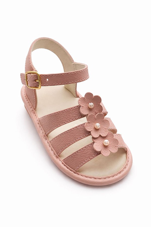Sandália Infantil Rosa com Flores e Pérolas
