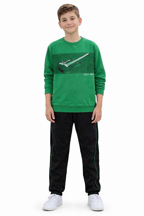 Conjunto Kyly Infantil Masculino Blusão Verde Estampado e Calça Preta