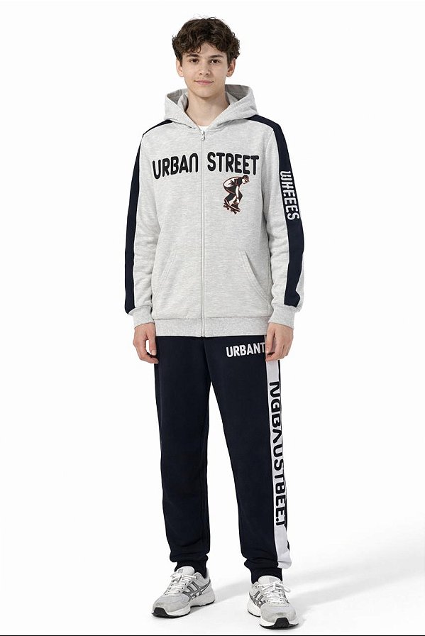 Conjunto Masculino Malwee Moletom Urban Street Cinza com Capuz e Calça Preta