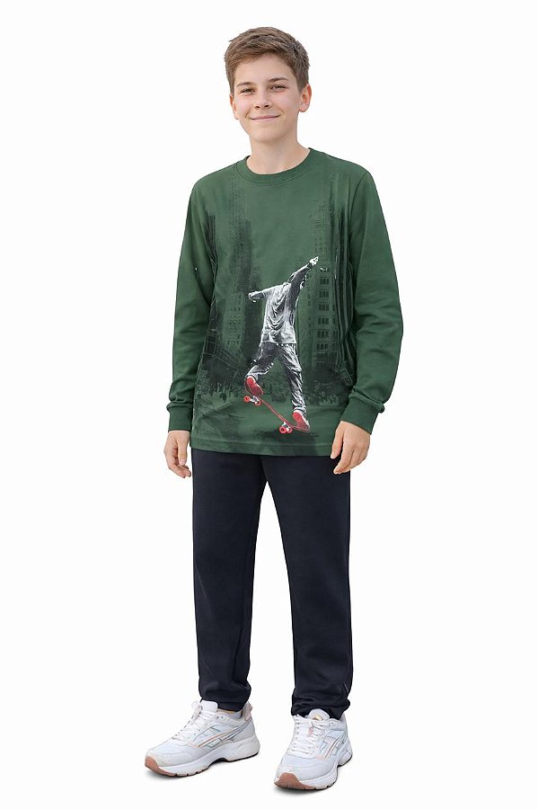 Conjunto Kyly Flanelado Skate Urban Verde Militar e Preto