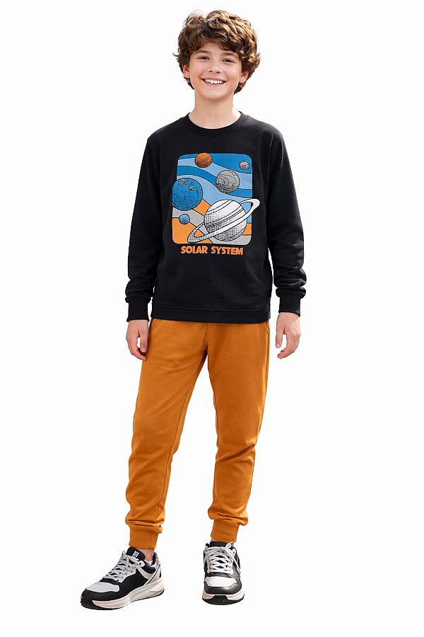 Conjunto Kyly Flanelado Solar System Preto e Caramelo