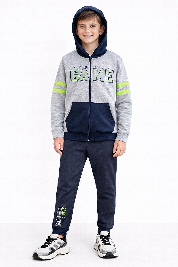 Conjunto Kyly Flanelado Game Sports com Capuz Mescla e Marinho