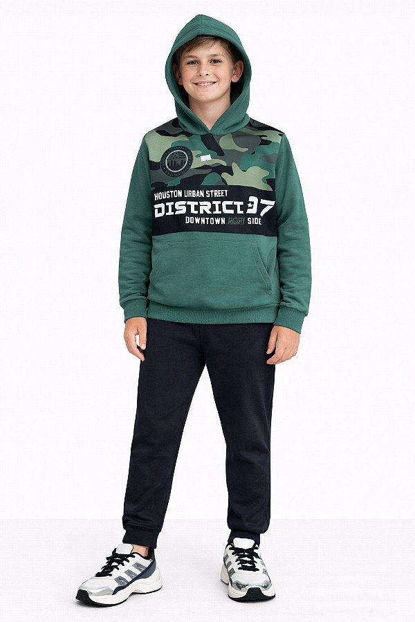 Conjunto Cato Lelê Flanelado District 07 Camuflado Verde e Preto