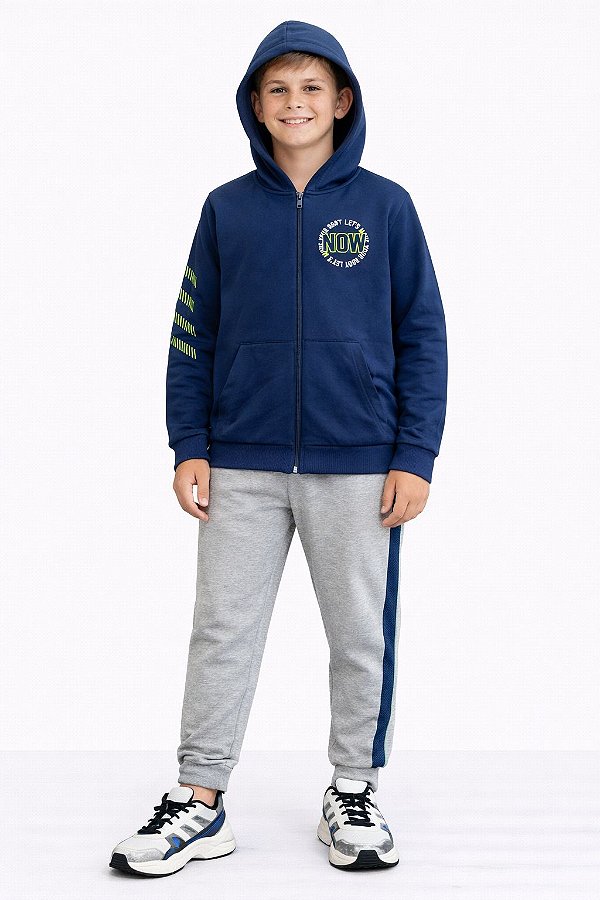 Conjunto Kyly Flanelado Now com Capuz Marinho e Mescla