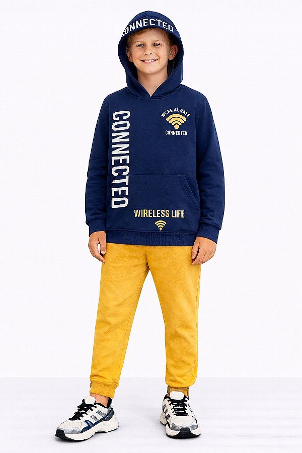 Conjunto Kyly Flanelado Connected Wireless Life com Capuz Marinho e Mostarda