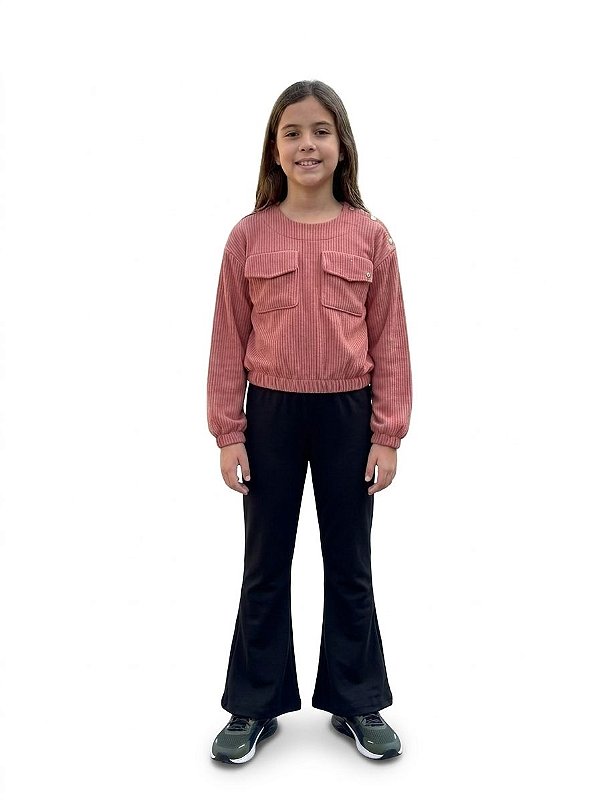 Conjunto Menina Anjo Canelado com Calça Flare Rosê e Preto