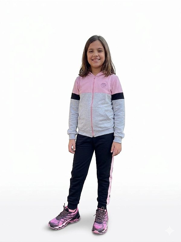 Conjunto Kyly Flanelado com Capuz Color Block Rosa e Mescla