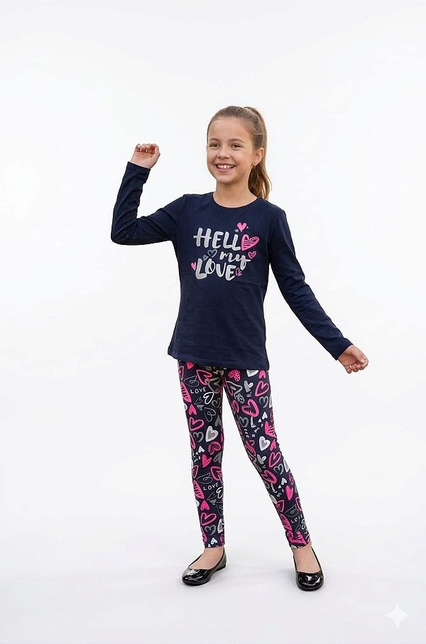 Conjunto Elian Meia Estação Hello My Love Marinho e Estampado