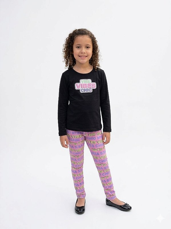 Conjunto Infantil Anale Meia Estação Blusa Manga Longa Yes Vibes com Legging Estampada