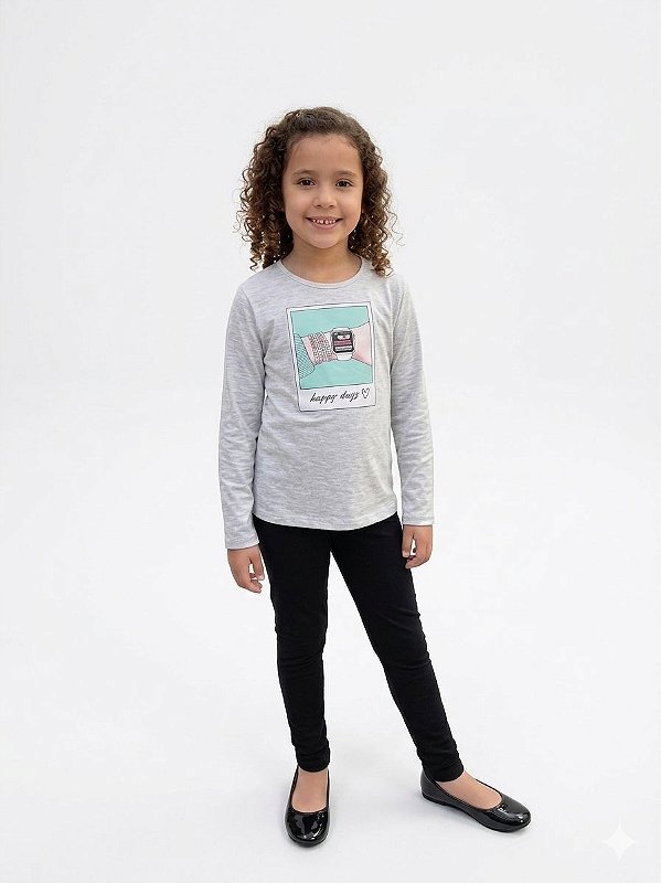 Conjunto Infantil Kyly Meia Estação Blusa Mescla Estampada com Legging Preta
