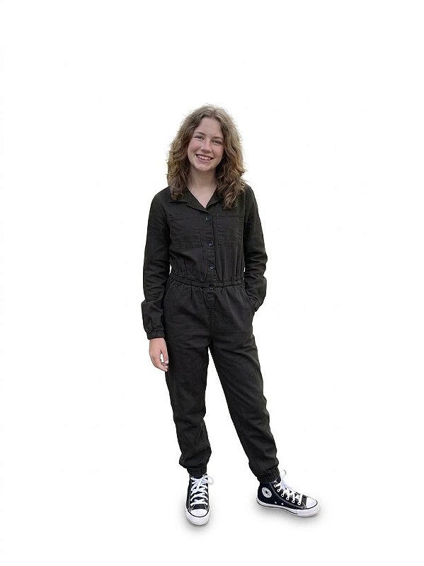 Macacão Juvenil Dway Jeans Color Preto com Botões Frontais