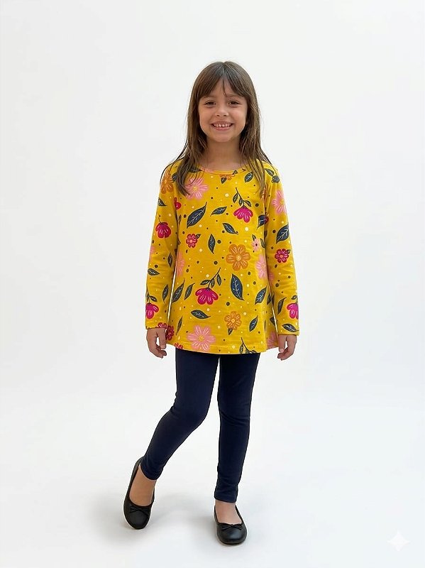 Conjunto Infantil Kyly Meia Estação Blusa Floral Amarela com Legging