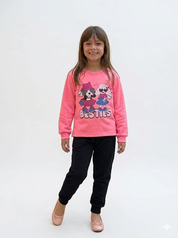 Conjunto Infantil Cato Lele Moletom Flanelado Besties Rosa com Calça