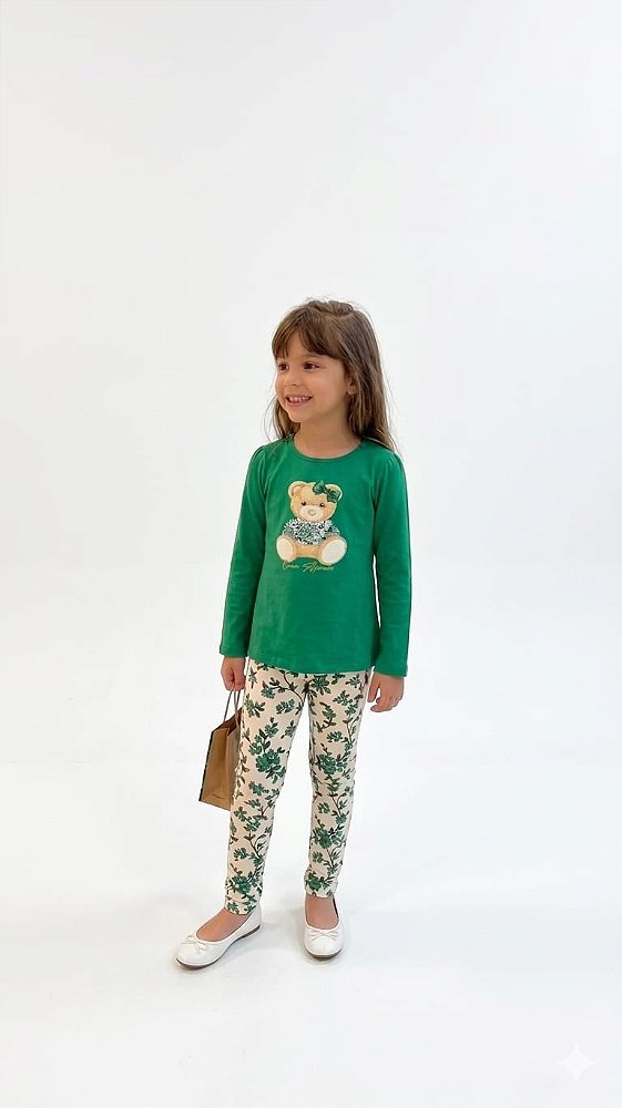 Conjunto Infantil Milon Meia Estação Blusa Ursinho com Calça Floral