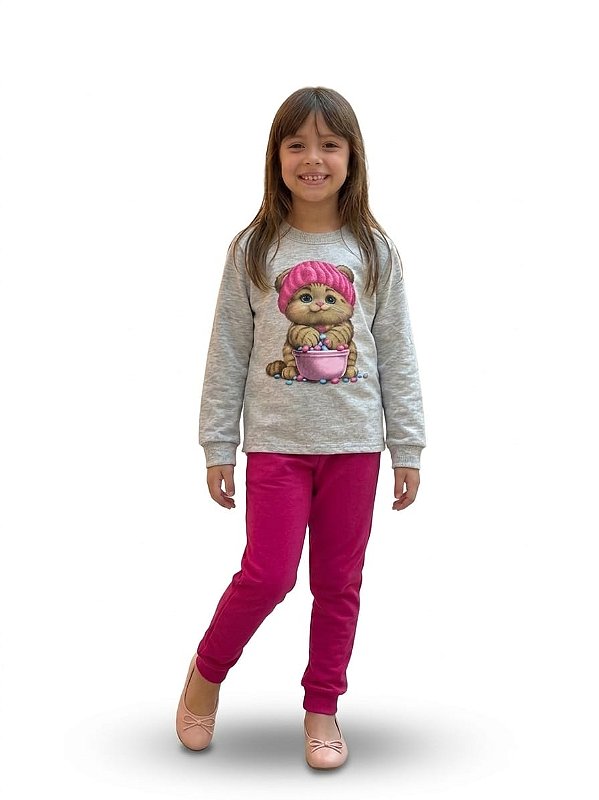 Conjunto Infantil Kyly Moletom Flanelado Gatinha com Calça