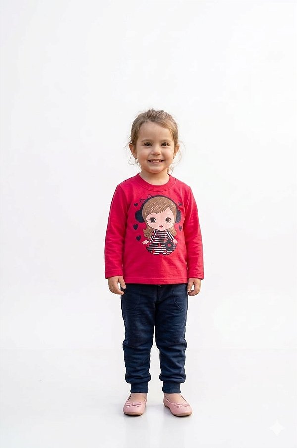 Conjunto Infantil Kyly Moletom Flanelado Vermelho e Azul Marinho Menina Fone