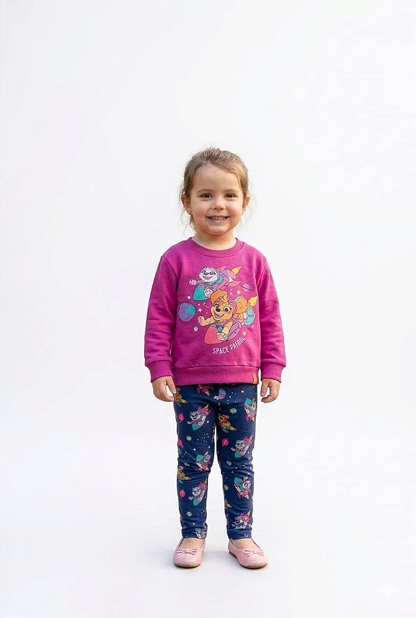 Conjunto Infantil Malwee Moletom Flanelado Roxo e Legging Estampada patrulha canina