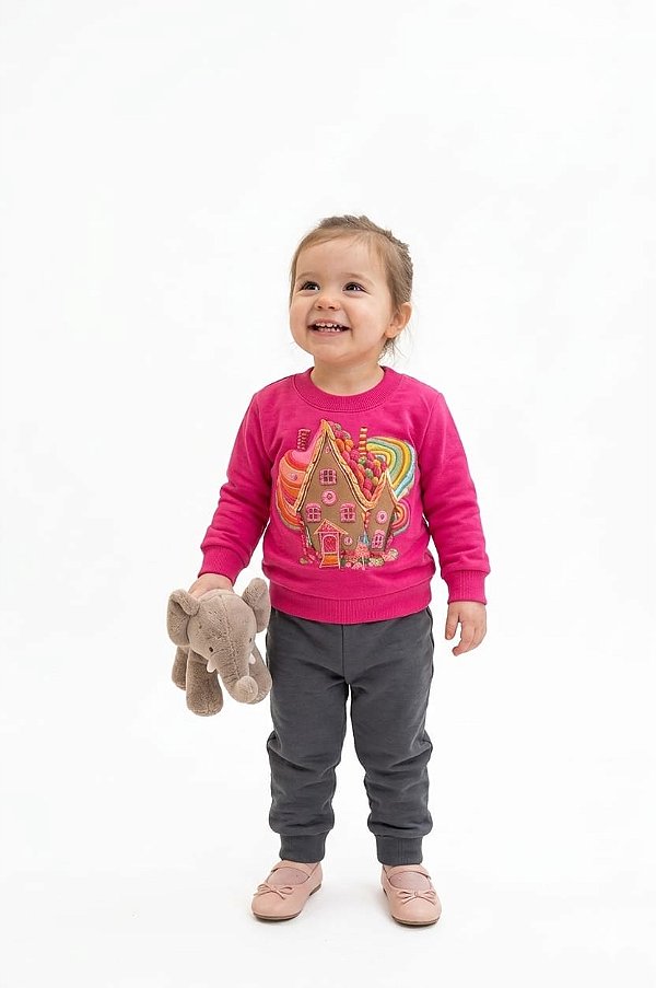 Conjunto Infantil Kyly Moletom Flanelado Pink e Cinza Casinha Doce