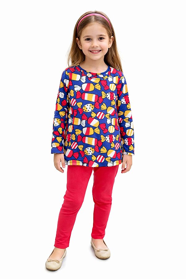 Conjunto Kyly Menina Meia Estação Blusa Estampada Doces e Calça Vermelha