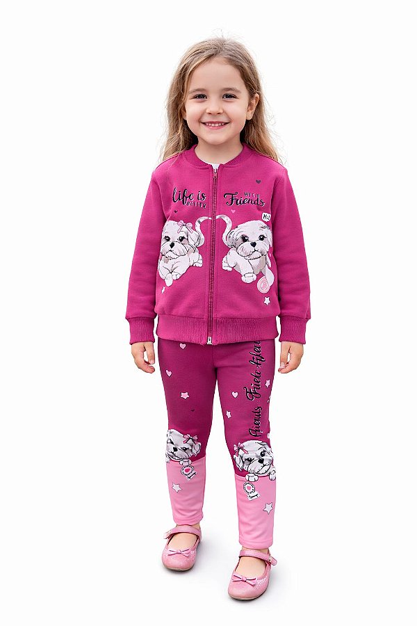 Conjunto Abrange Menina Flanelado com Zíper Dogs Friends