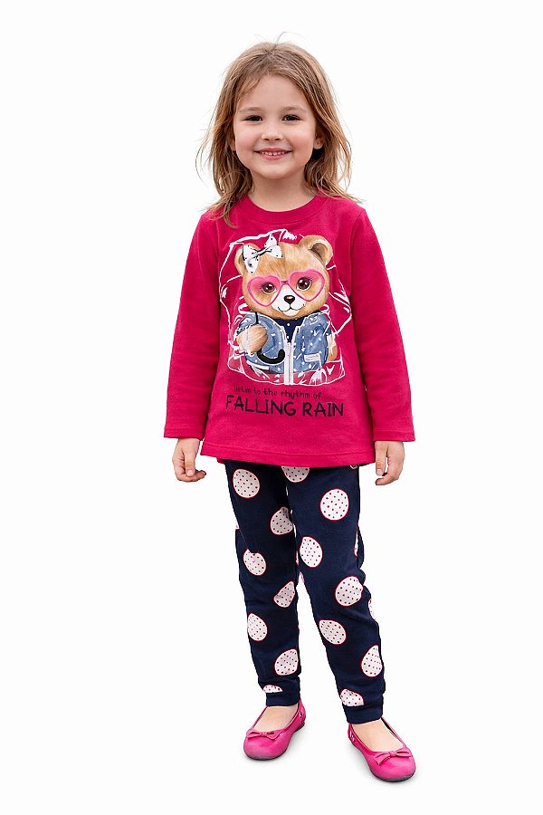Conjunto Infantil Kyly Moletom Flanelado Pink e Marinho Falling Rain