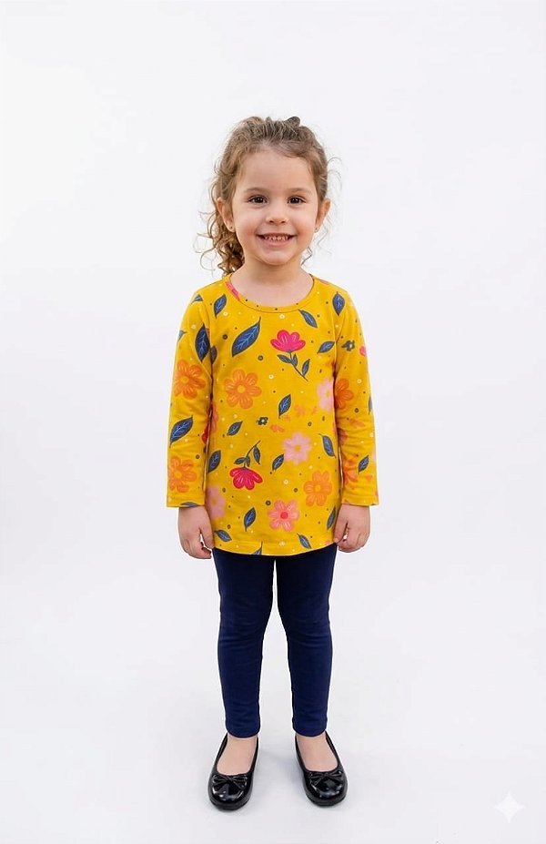 Conjunto Infantil Kyly Meia Estação Amarelo Floral e Legging Marinho