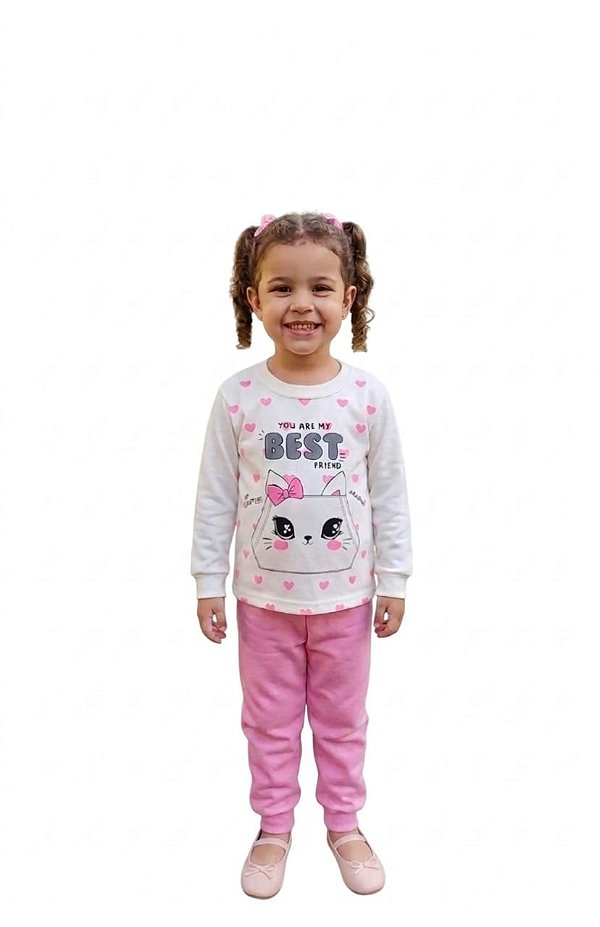 Conjunto Infantil Cato Lelê Moletom Flanelado Off White e Rosa Best Friend Gatinha