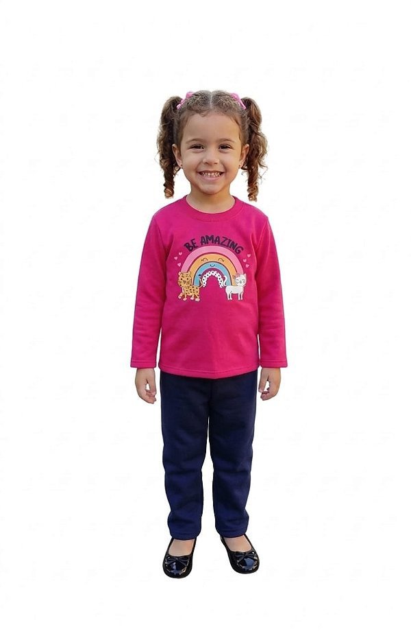 Conjunto Infantil Kyly Moletom Flanelado Pink e Marinho Be Amazing